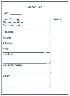 a sample lesson plan form including fields for hand strength, finger isolation, and discrimination