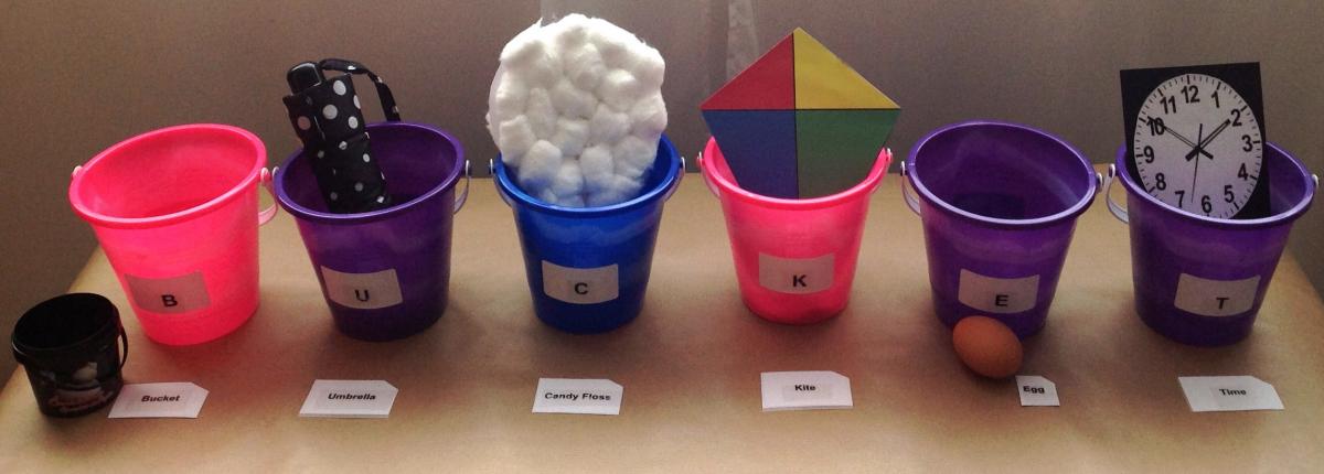 Buckets with objects for each letter