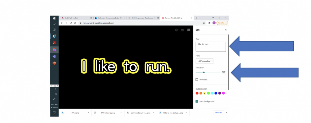 Screenshot of "I like to run." with yellow outline and two blue arrows pointing to relevant line