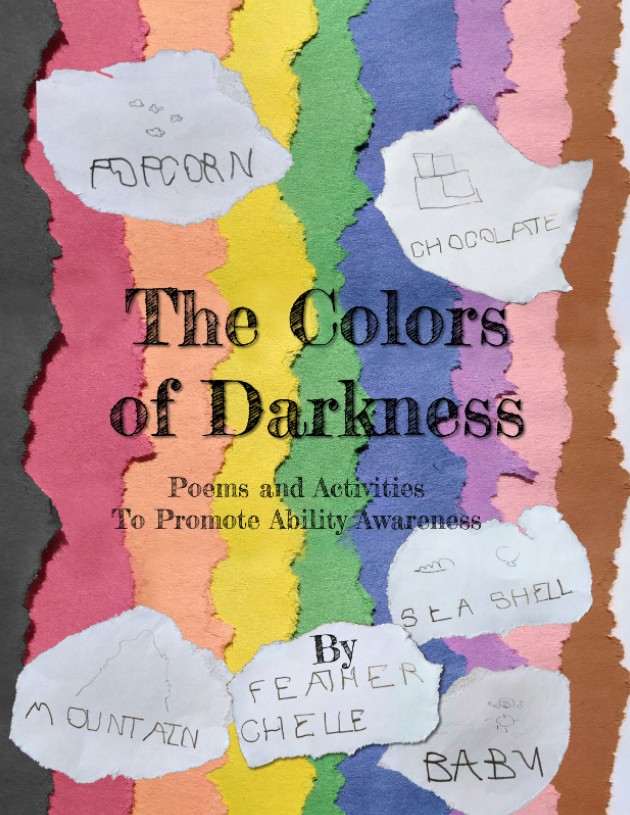 The Colors of Darkness book cover with ripped paper the colors of a rainbow wiht words; popcorn, chocolate, seashell, mountain, and baby