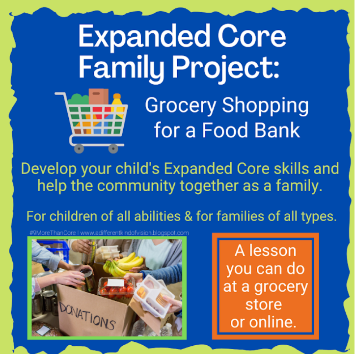 Expanded Core family projecct: Grocerry Shopping for a food bank title with a picture of a shopping cart with food in it.