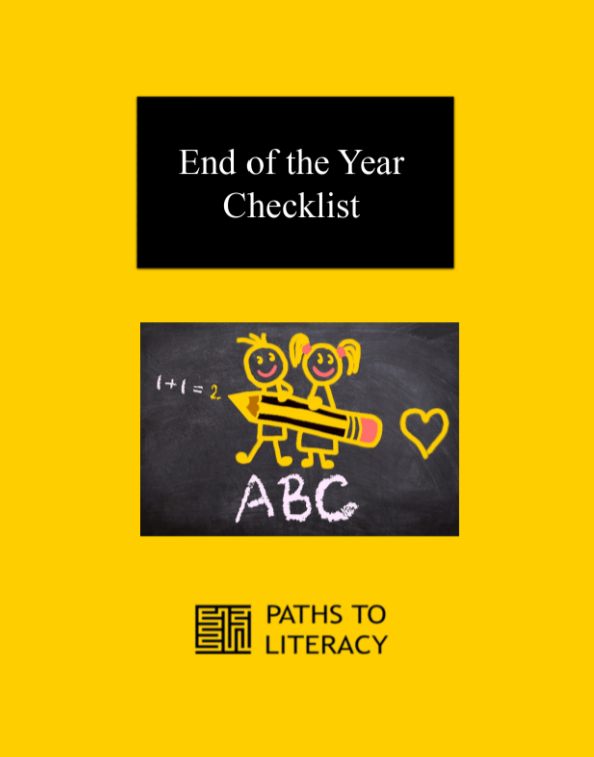 End of the Year Checklist title with a cartoon of a boy and a girl on a blackboard holding a large pencil