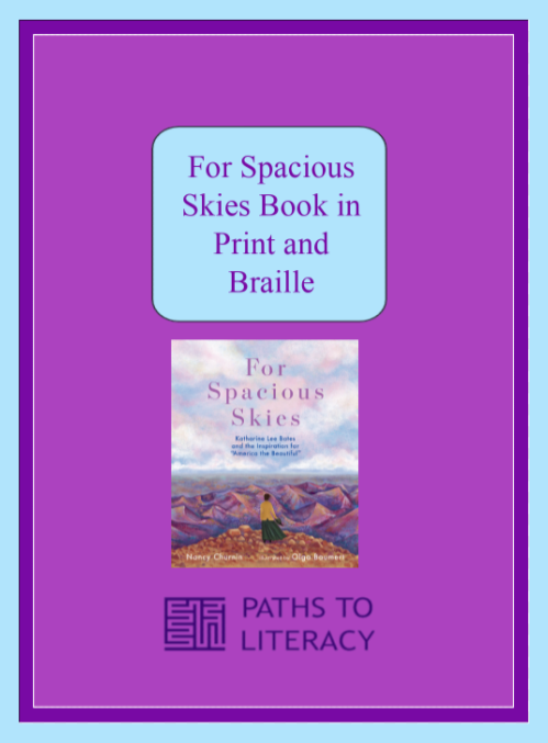 For Spacious Skies Book in Print and Braille title with book cover 