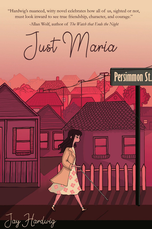 Just Maria book cover with Maria walking down a street with her cane.