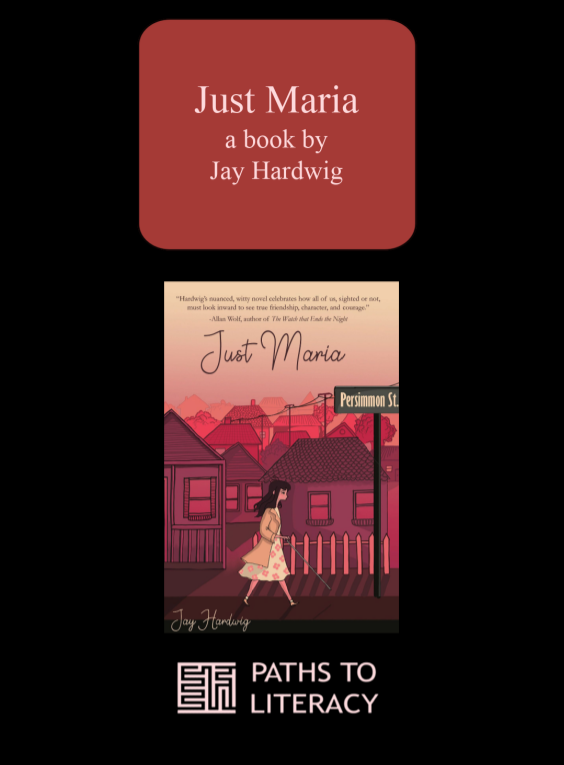 Just Maria a book by Jay Hardwig with a picture of the book cover that shows Maria walking down a street with her cane