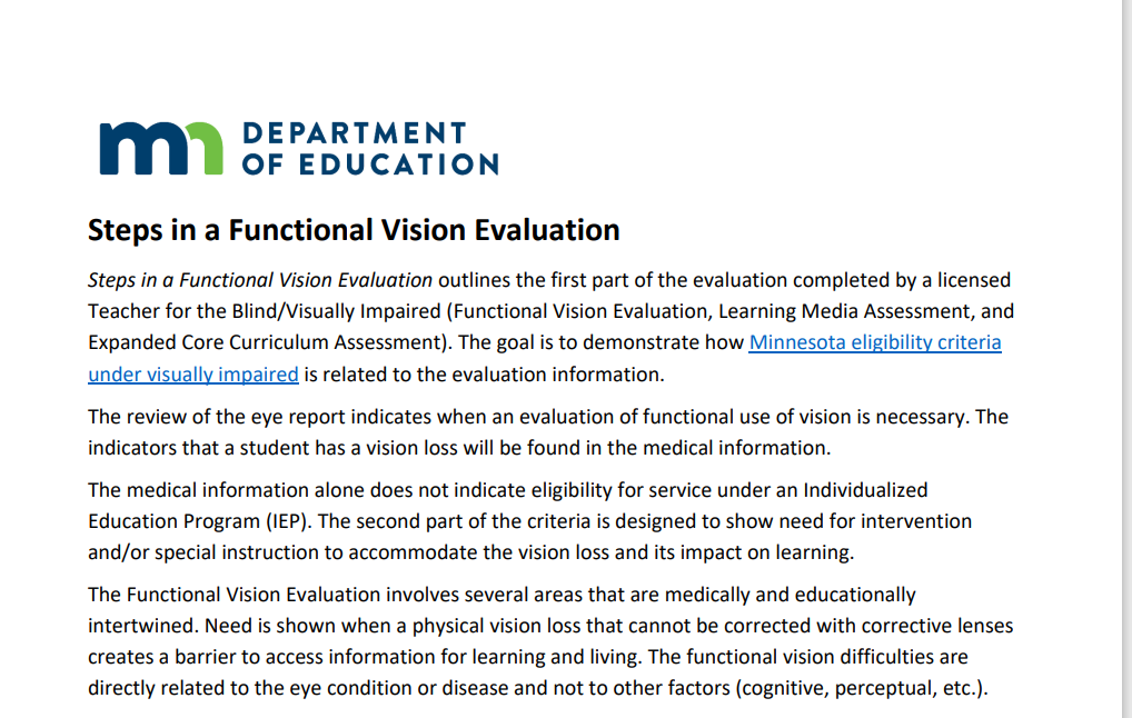 Screen shot of the first page for the link to Minnesota's Dept. of Edu. FVA handout