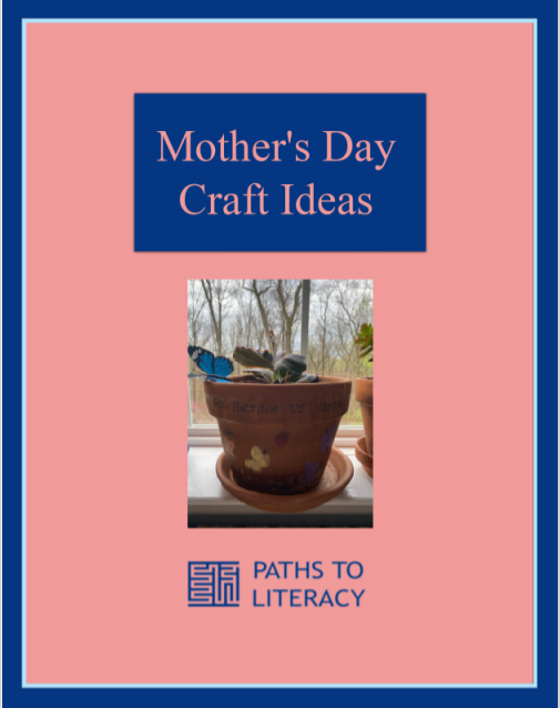Mother's Day Craft Ideas title iwth a picture of a plant with a decorated container with fingerprints used to make bugs and butterflies