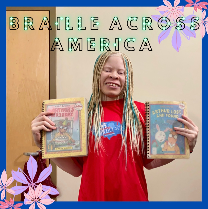 Noye holding a book with a sign that says braille across america