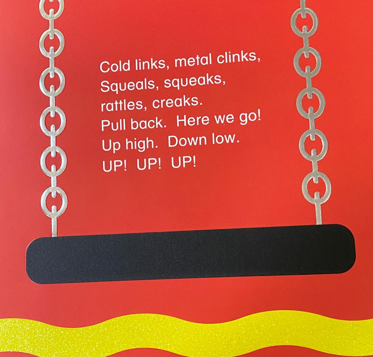 Page 6 of the book with a swing that has a metal chain on each side