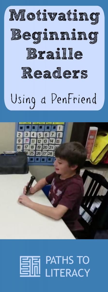 Collage of using PenFriend with beginning braille reader