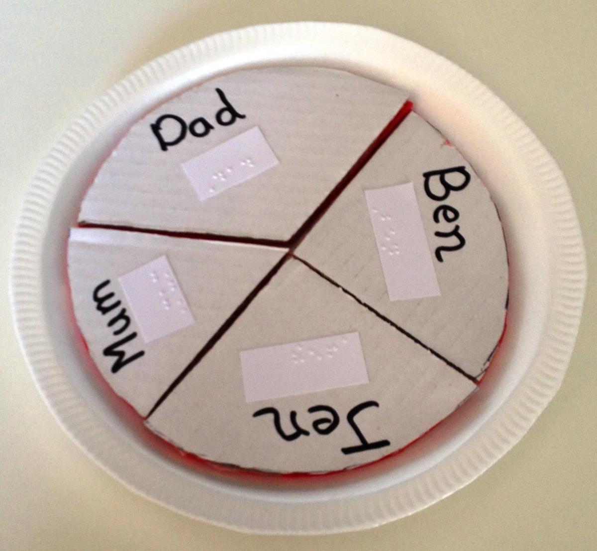 plate with 4 pieces "mum, dad, ben, jen" in text and braille
