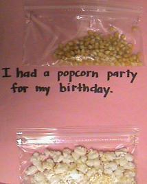 Page of experience book showing unpopped popcorn kernels and popped kernels in plastic baggies with the text "I had a popcorn party for my birthday.".