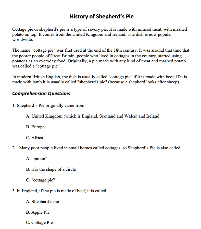 History of Shepherd's Pie, Multiple Choice Questions & recipe