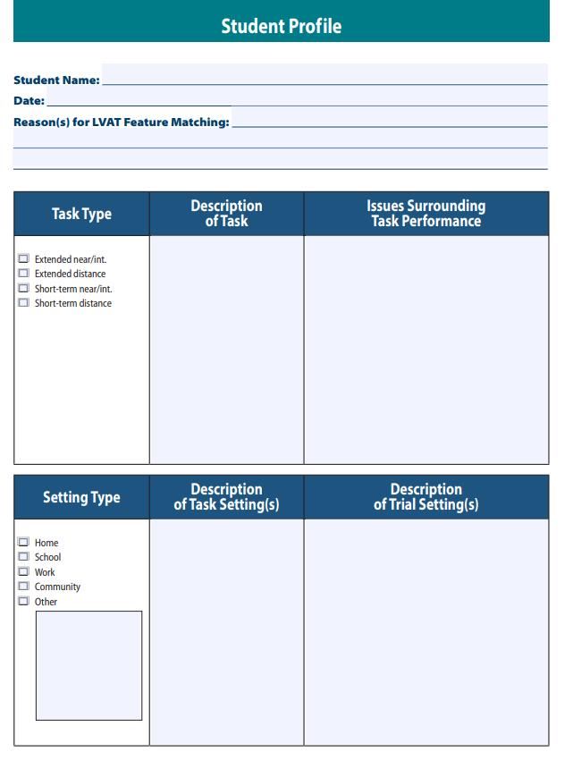 Student profile form page one with name,date, reason, and task type section listed