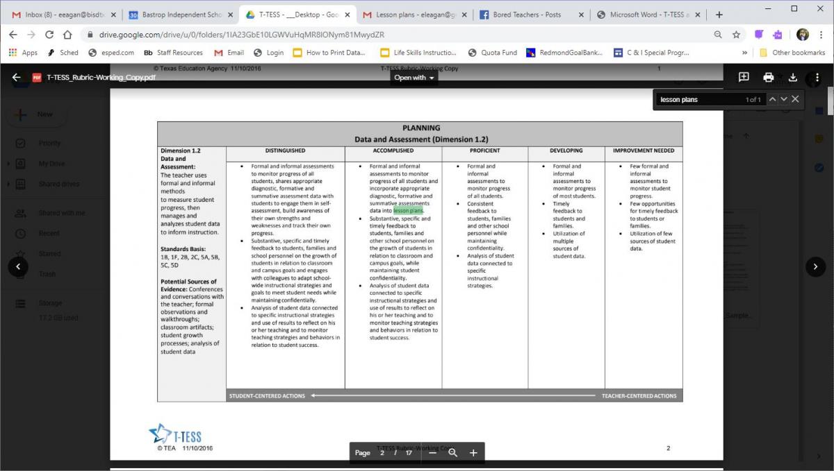 Screenshot of T-TESS rubric with phrase "lesson plans" highlighted