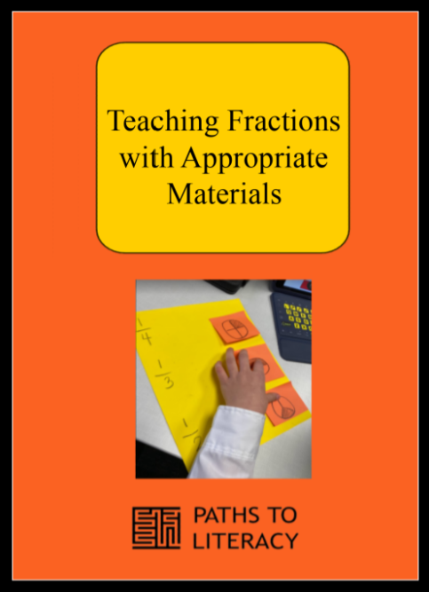 Teadhing Fractions with Appropriate Materials Pin with a paper that has fractions 1/2, 1/3, and 1/4 on it with a child's hand reaching for the correct fraction
