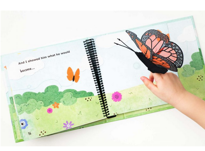 caterpiller book has a finger puppet caterpiller the child put on their hand