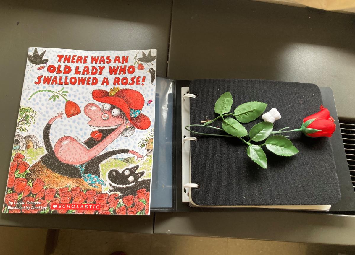 Book- There Was An Old Lady Who Swallowed A Rose! and and adapted object book with a black felt background with a plastic rose on it