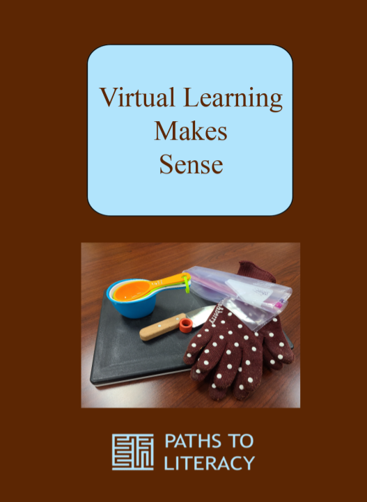 Virtual Learning Makes Sense title with a picture of cooking tools- cutting board, knife, glove, and measuring spoons