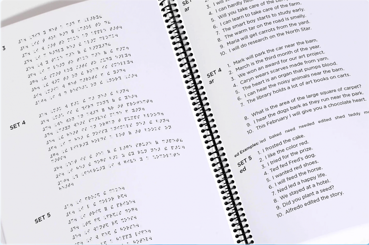 Simulated braille appears on left side and print on right facing page.