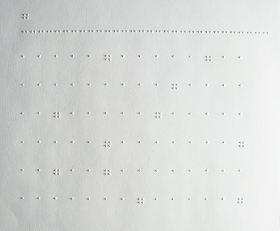 Braille tracking sheet with a line of the letter "a" with one "g" on each line