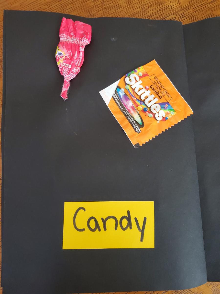 Candy wrappers and text "Candy"