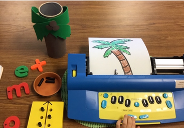 Braille machine, swing cell, ABC manipulatives, and a palm tree craft