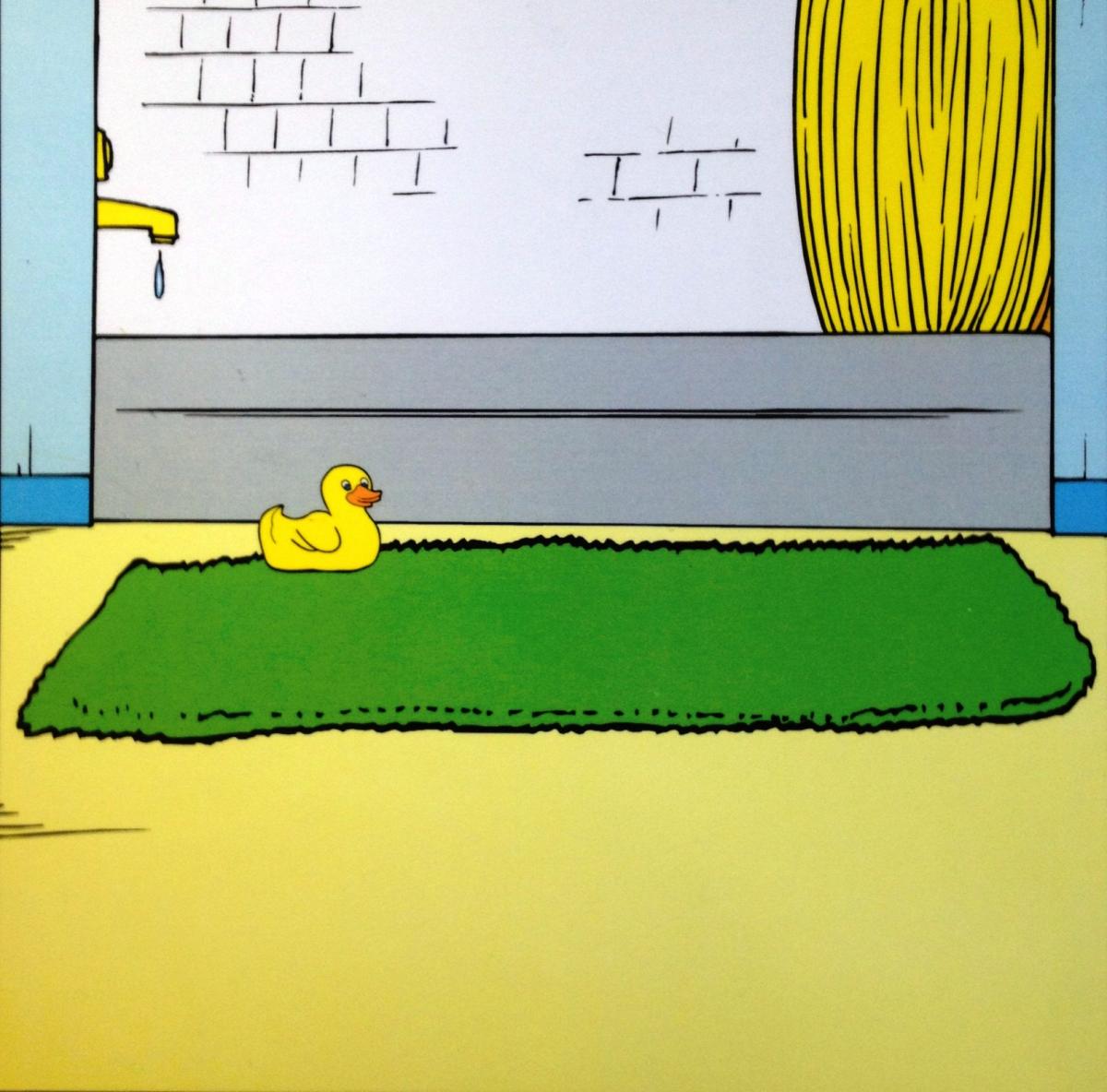 Color drawing with yellow duck on green rug by bathtub