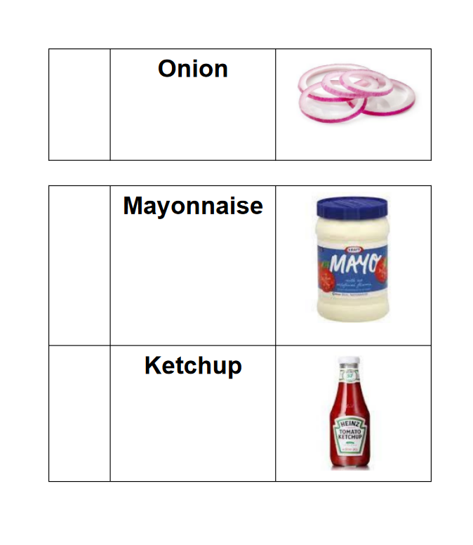 condiments: onion, mayo, ketchup