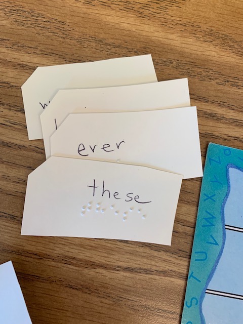 Sample braille word cards:  these, ever