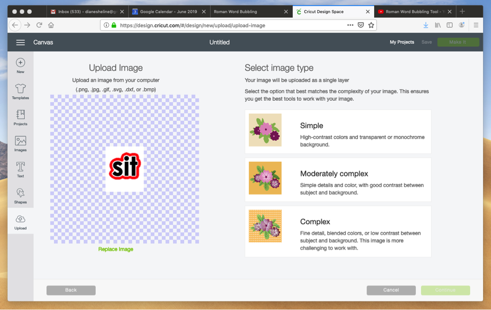 "Upload image" and "Select image type"