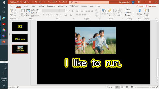 Image of children running with sentence "I like to run." outlined with yellow
