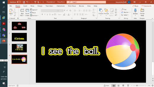 Text "I see the ball." outlined in yellow with picture of ball