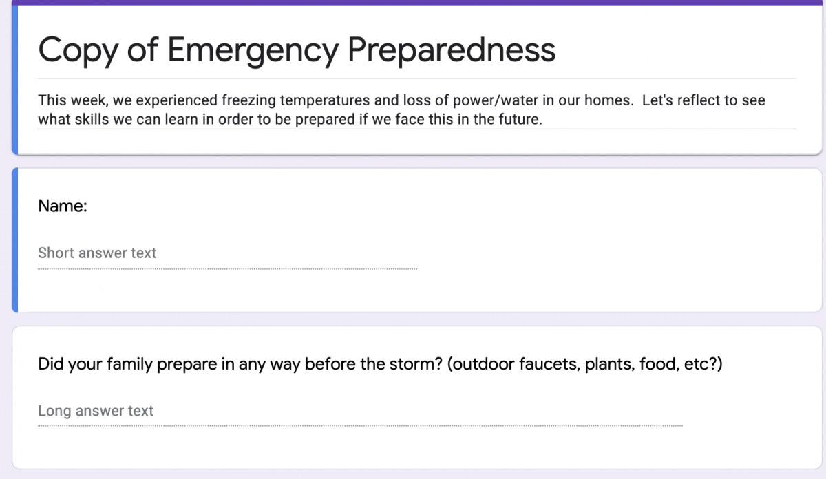 Screenshot of emergency preparedness survey