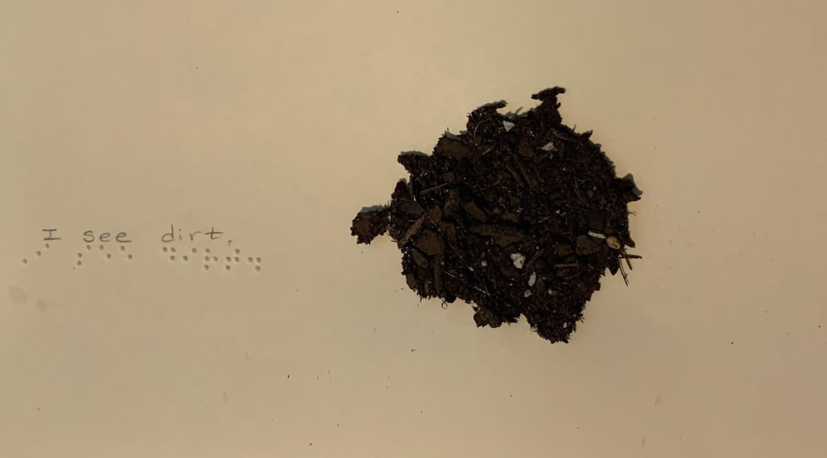 Dirt with braille text "I see dirt."