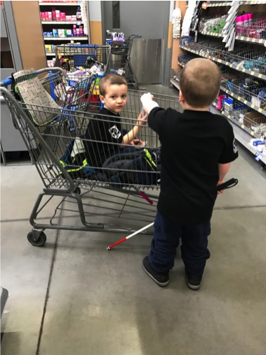 Young boy sitting in grocery cart with older boy handing him groceries