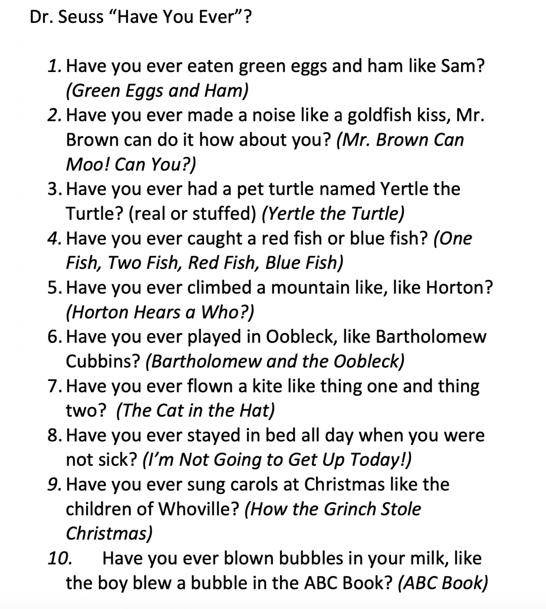 Dr. Seuss "Have You Ever?" Game
