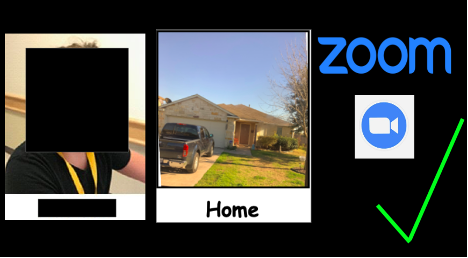 Student's face blocked out with photo of home and Zoom icon.