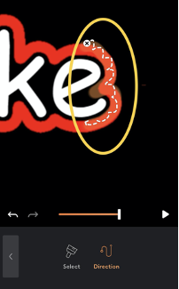 Screen shot of the letter "e" in "like," showing a white dotted line drawn around the end of the letter in a curvy pattern over the red outline