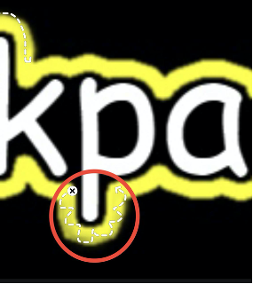 Screen shot of the letter "p" in "backpack," with a white dotted  drawn around the bottom of the line portion of the letter; drawn in a curvy pattern over yellow outlining