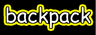The word "backpack" in white text with yellow outlining