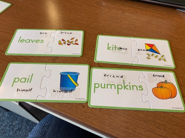 Puzzle cards with braille words and contractions