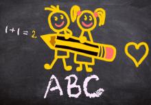 Cartoon type image with a boy and girl holding a large pencil on a chalkboard with ABC and a heart around it