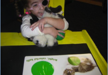 girl holding a stuffed kitten