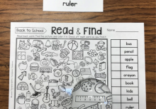 Read and Find worksheet with hand-held magnifier