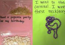 Pages from experience book: popcorn and carnival necklace.