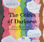 The Colors of Darkness book cover with ripped paper the colors of a rainbow wiht words; popcorn, chocolate, seashell, mountain, and baby 