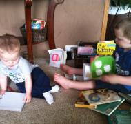 Two young brothers explore books