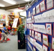 Vocabulary words displayed in a classroom