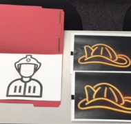 outline of fireman and two fireman hats with colored overlay